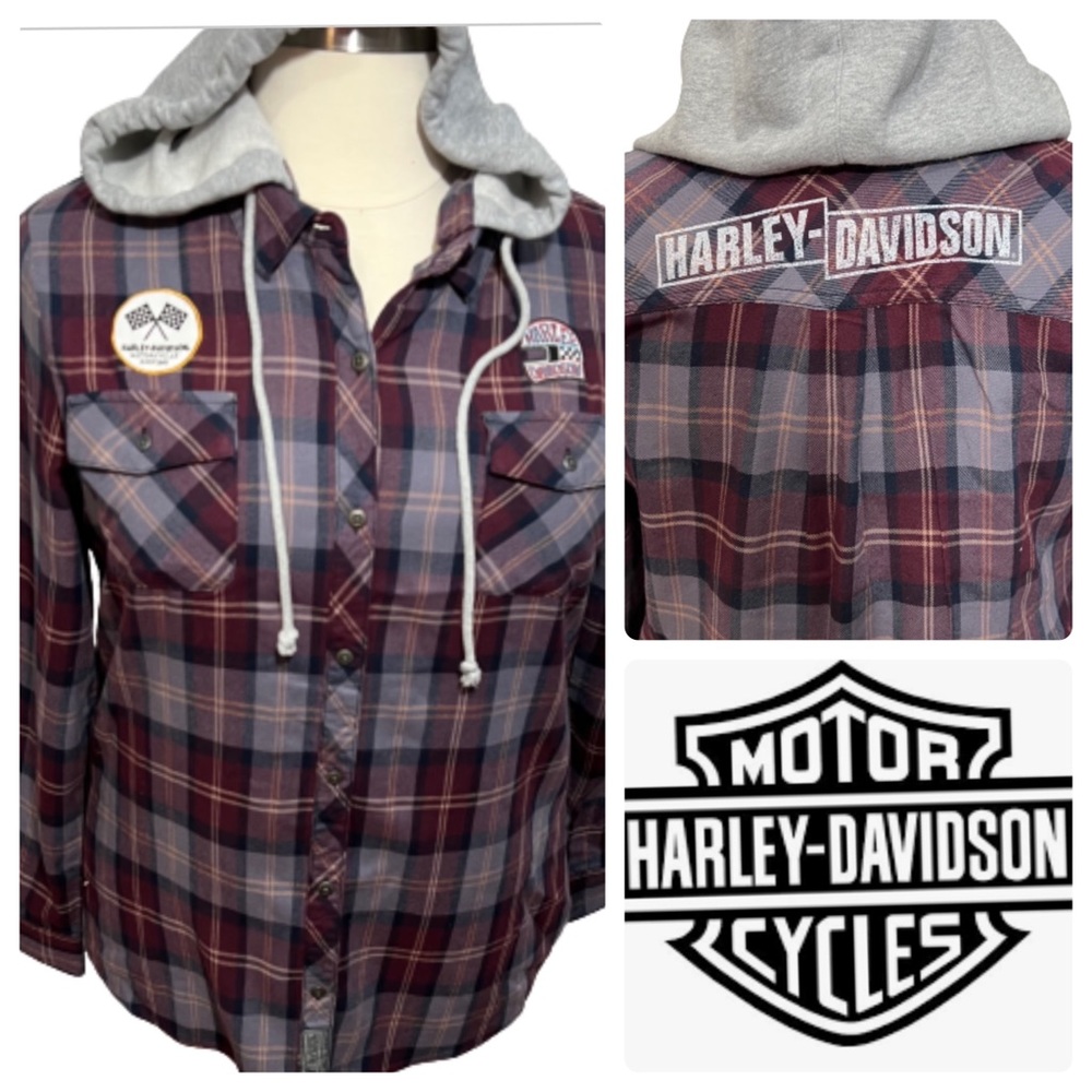 Harley Davidson Plaid removable hood button up shirt - 2XL